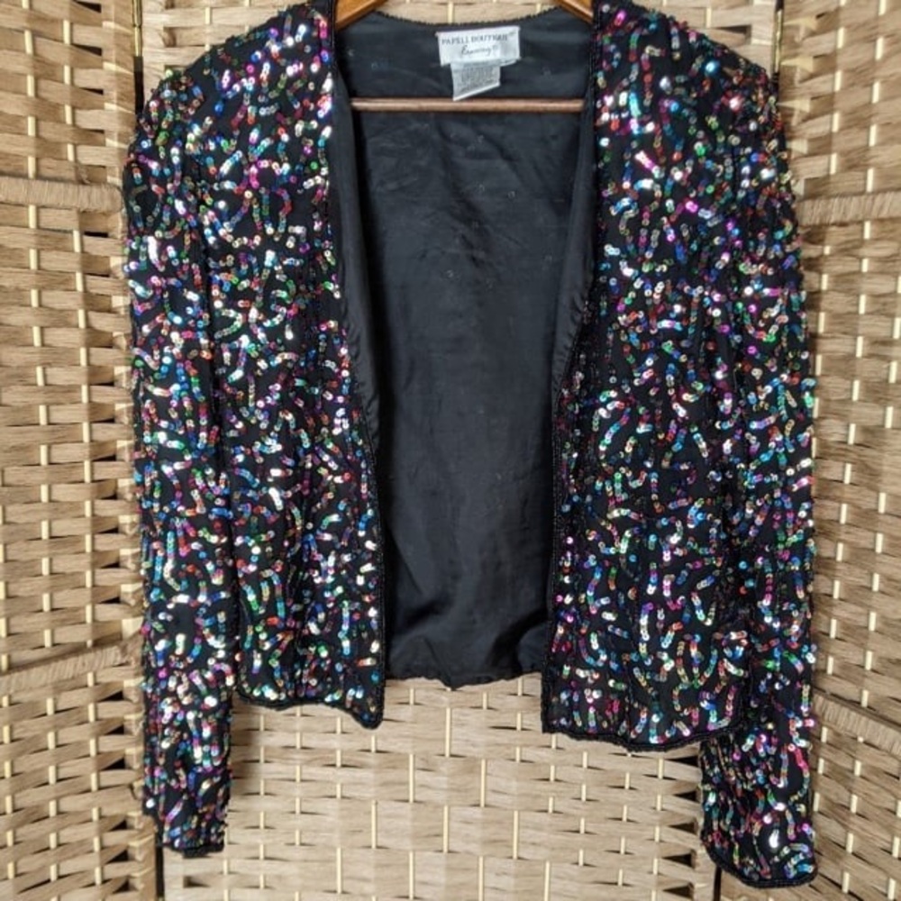 Vintage 80s 90s Papell Boutique black and rainbow  Sequin Silk cardigan coverup